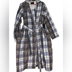 NWT ELOQUII Plaid Robe Coat 18/20 Blue Grey Brown Belted Shawl Collar Plus